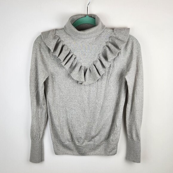 J. Crew 100% Merino Wool Gray Ruffled Tippi Turtleneck Sweater sz S Flawed - Picture 1 of 10